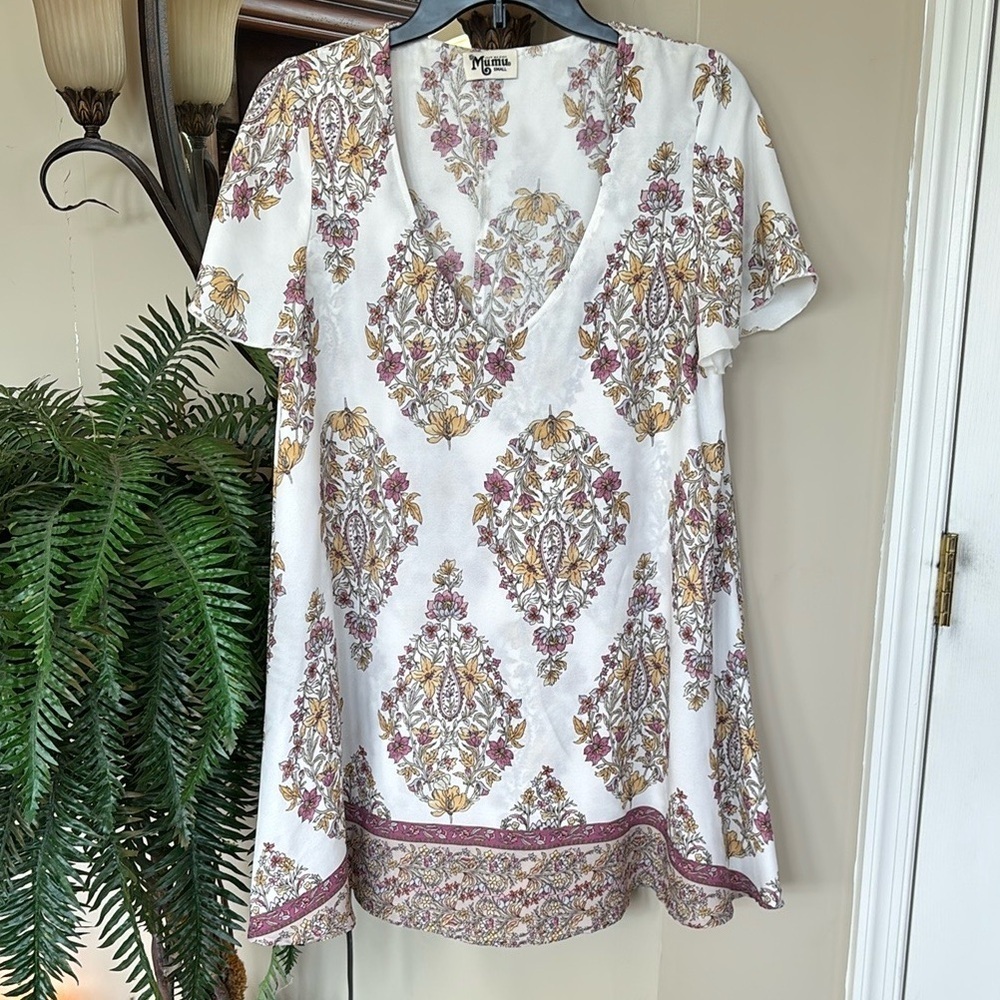 Show Me Your Mumu Kylie Mini Dress Flower Shower Boho Lined V-Neck Floral Tunic